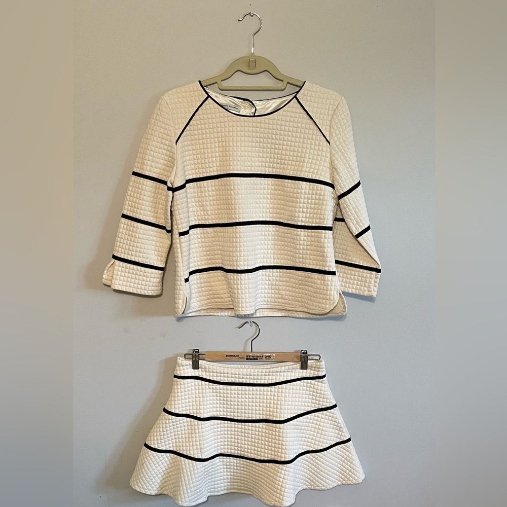 Goodnight Macaroon Textured Black & Cream Shirt and Mini Skirt Set Size M